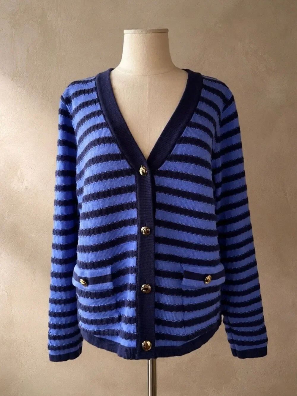Isaac Mizrahi Live Sz L Striped Cotton Blend Cardigan Blue Gold Button Sweater